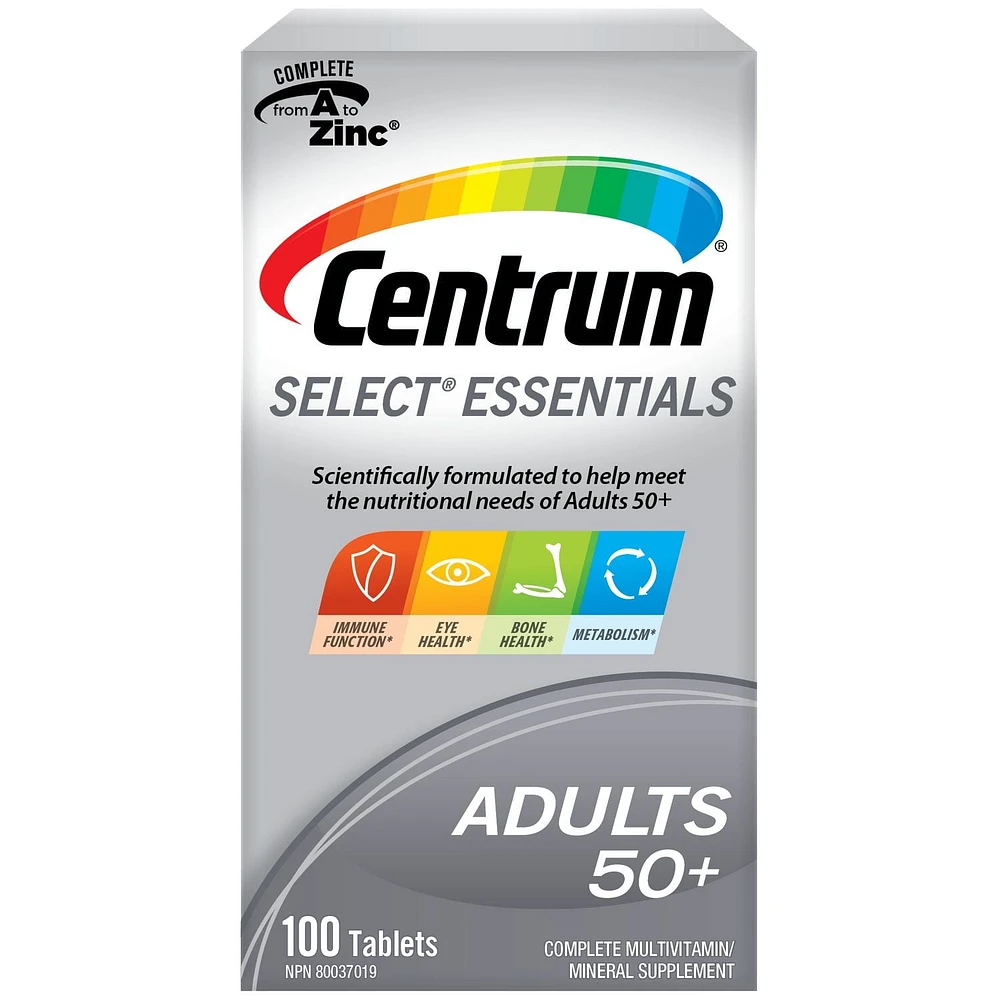 Supplément Centrum complet de vitamines et de minéraux multiples Select Essentiels pour adultes de 50 ans et plus 100 comprimés