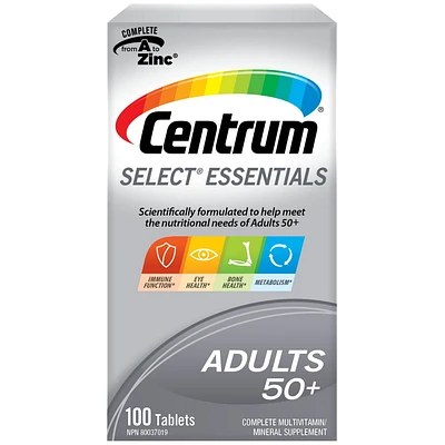 Supplément Centrum complet de vitamines et de minéraux multiples Select Essentiels pour adultes de 50 ans et plus 100 comprimés