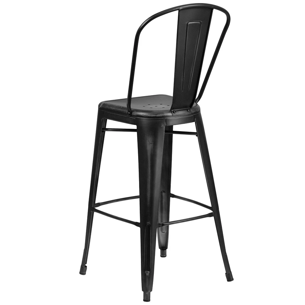Tabouret de bar en métal vieilli noir de 30 pouces de hauteur pour l'intérieur et l'extérieur avec dossier