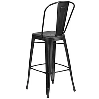 Tabouret de bar en métal vieilli noir de 30 pouces de hauteur pour l'intérieur et l'extérieur avec dossier