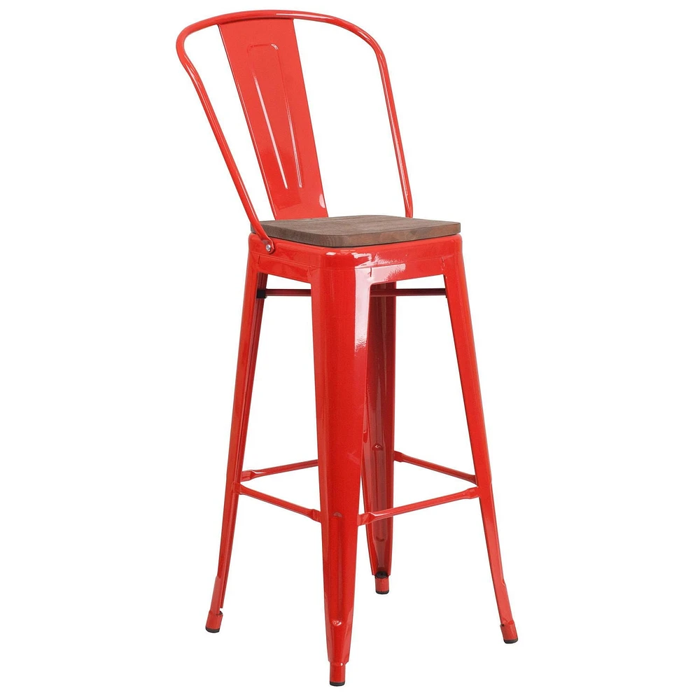 Lot de 4 pièces - Tabouret de bar de 30 po haut en métal rouge avec dossier et siège en bois