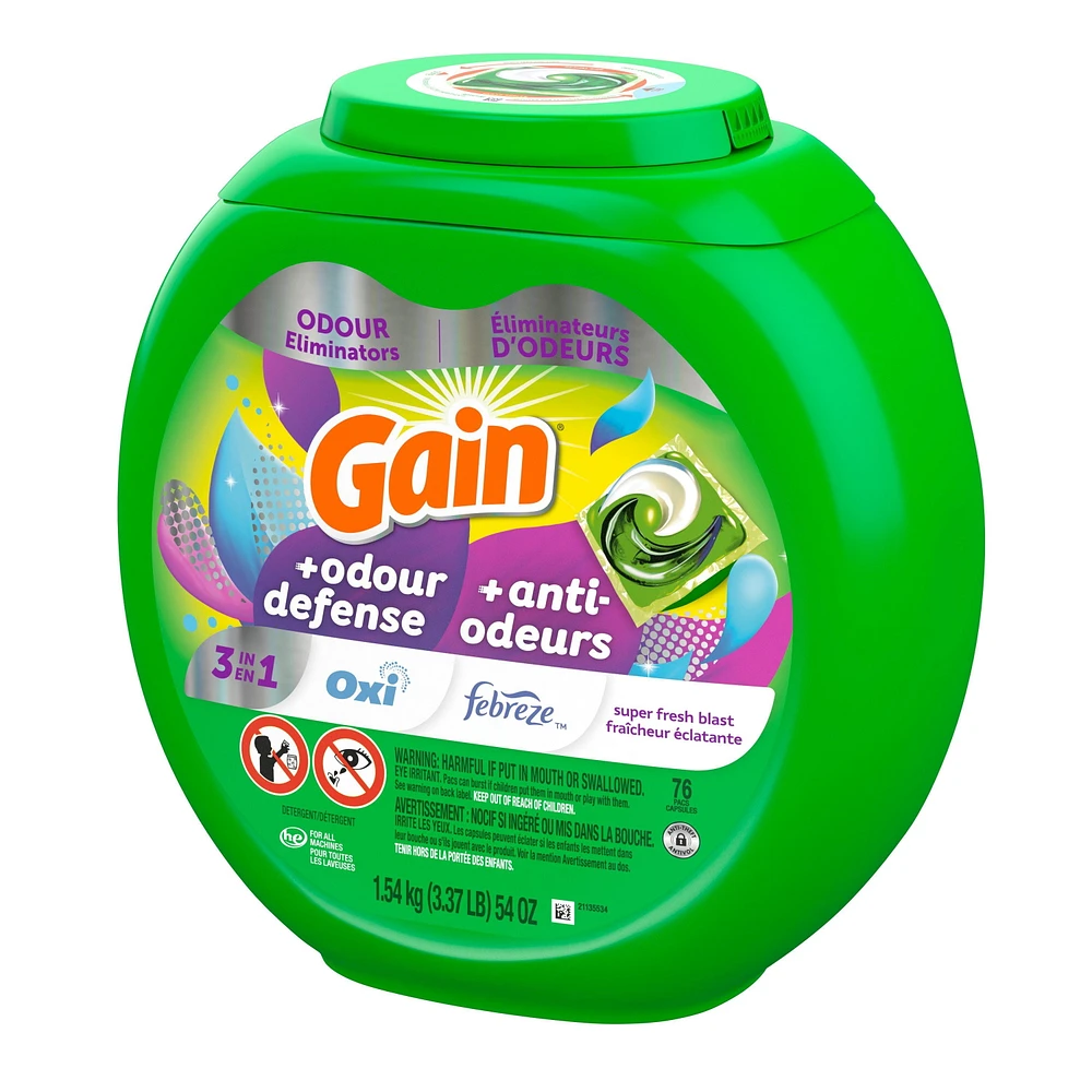 Capsules de détergent à lessive Gain Flings avec Odour Defense, capsules de détergent 3 en 1 avec Febreze et Oxi, parfum Explosion de fraîcheur, compatible avec les laveuses HE 76CT