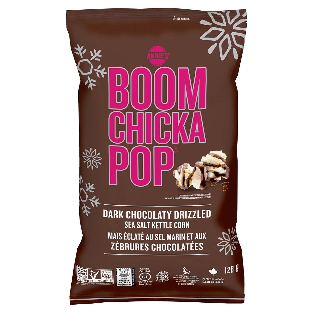 Angie’s BOOMCHICKAPOP® Ready-To-Eat Gluten-Free Popcorn, Non-GMO, Dark Chocolaty Drizzled Sea Salt Popcorn, 128 g, A seasonal whole grain, Non GMO, Kosher, gluten free snack