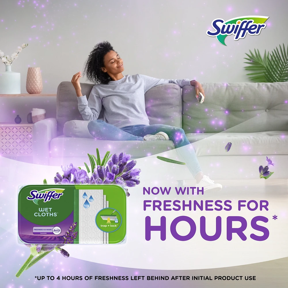 Recharges de linges humides pour balai Swiffer pour balayer et nettoyer les planchers, nettoyant pour planchers multi-surfaces avec fraîcheur Febreze, parfum Lavande, 24unités 24CT