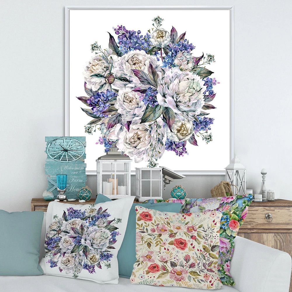 Designart Bouquet Peonies In White and Blue FLOAT FRAME WALL ART