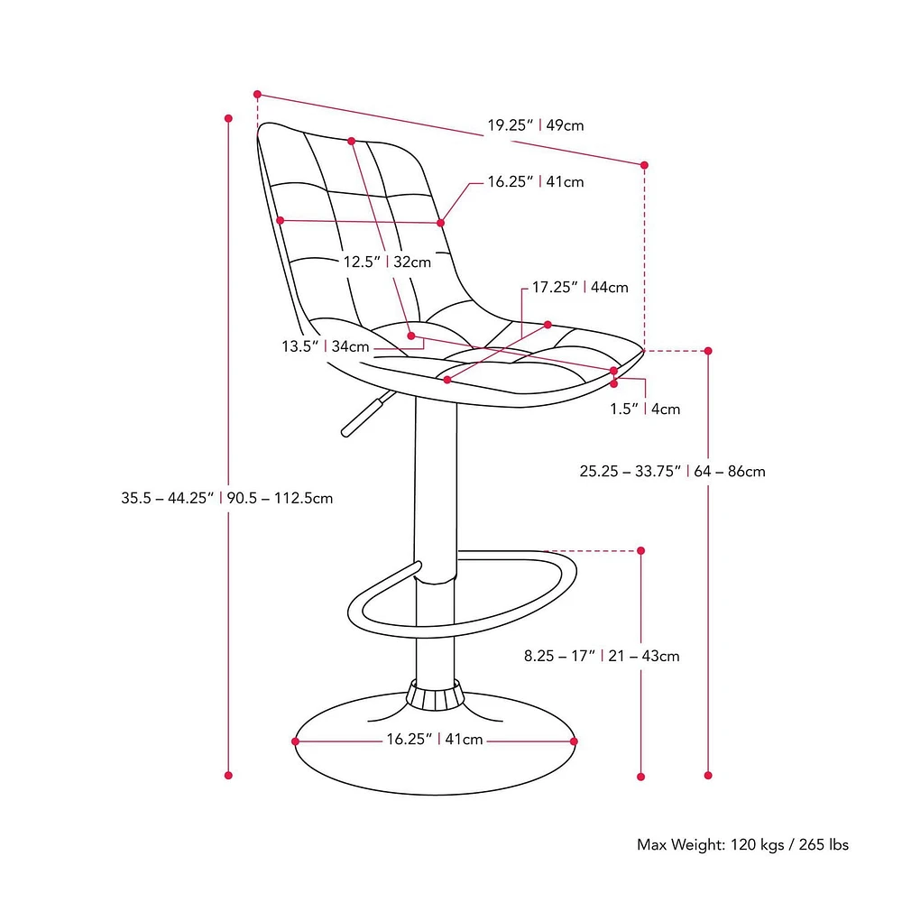 Tabouret de bar Palmer touffeté en cuir végane réglable gris, lot de 2