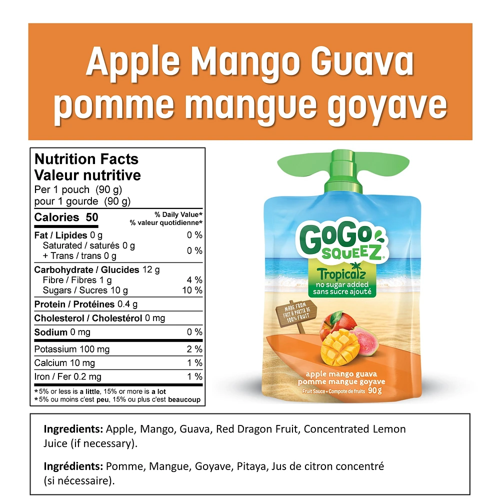 GoGo squeeZ Fruit Sauce Variety Pack, Mango Guava, Peach, Blueberry, No Sugar Added. 90g per pouch, Pack of 20, 1.8kg