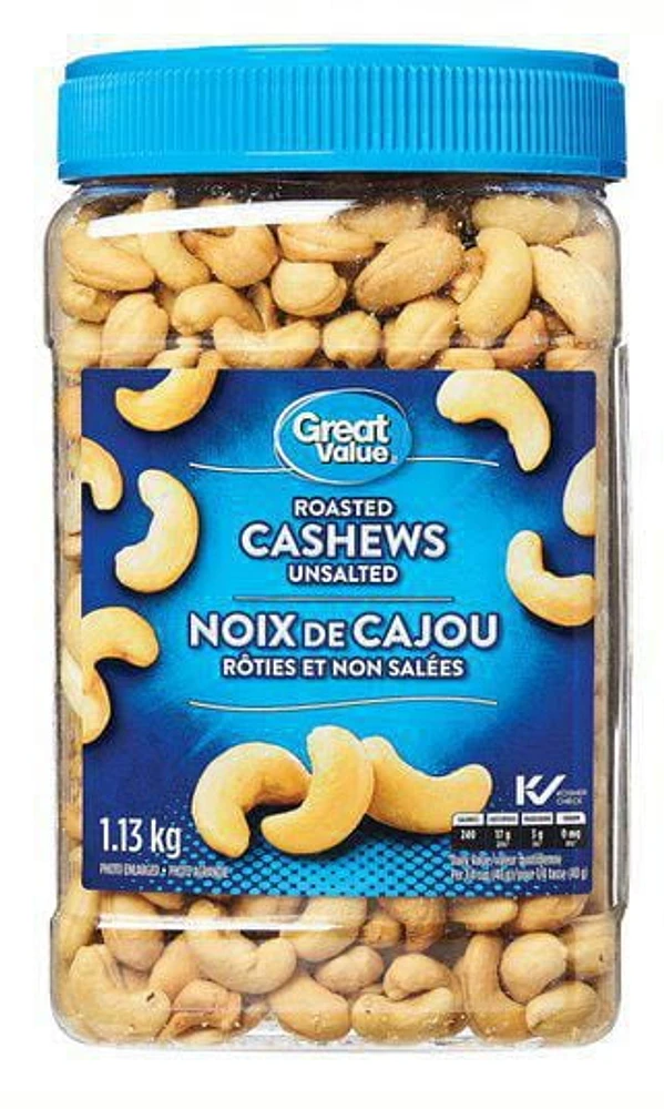 Great Value Roasted Cashews Unsalted, 1.13 kg