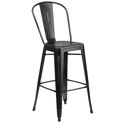 Tabouret de bar en métal vieilli noir de 30 pouces de hauteur pour l'intérieur et l'extérieur avec dossier
