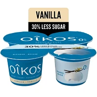 Oikos Fat Free Greek Yogurt, 30% Less Sugar, Vanilla Flavour, Blended, 4 x 100 g