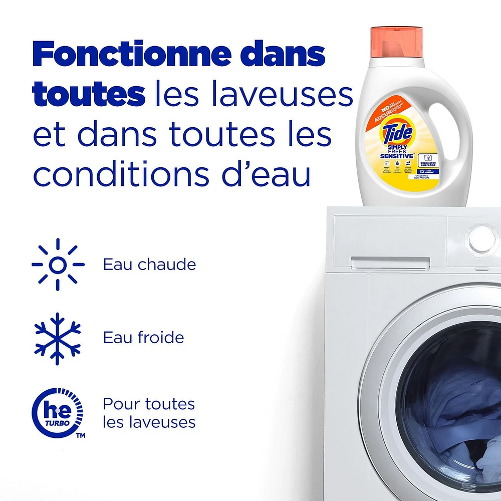 Détergent à lessive liquide Tide Simply, parfum Pur et sensible, 74 brassées, 3,1 L (105 oz liq.)