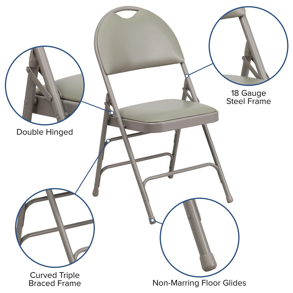 2 Pk. HERCULES Series Ultra-Premium Triple Braced Gray Vinyl Metal Folding Chair with Easy-Carry Handle