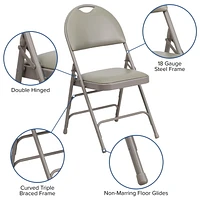 2 Pk. HERCULES Series Ultra-Premium Triple Braced Gray Vinyl Metal Folding Chair with Easy-Carry Handle