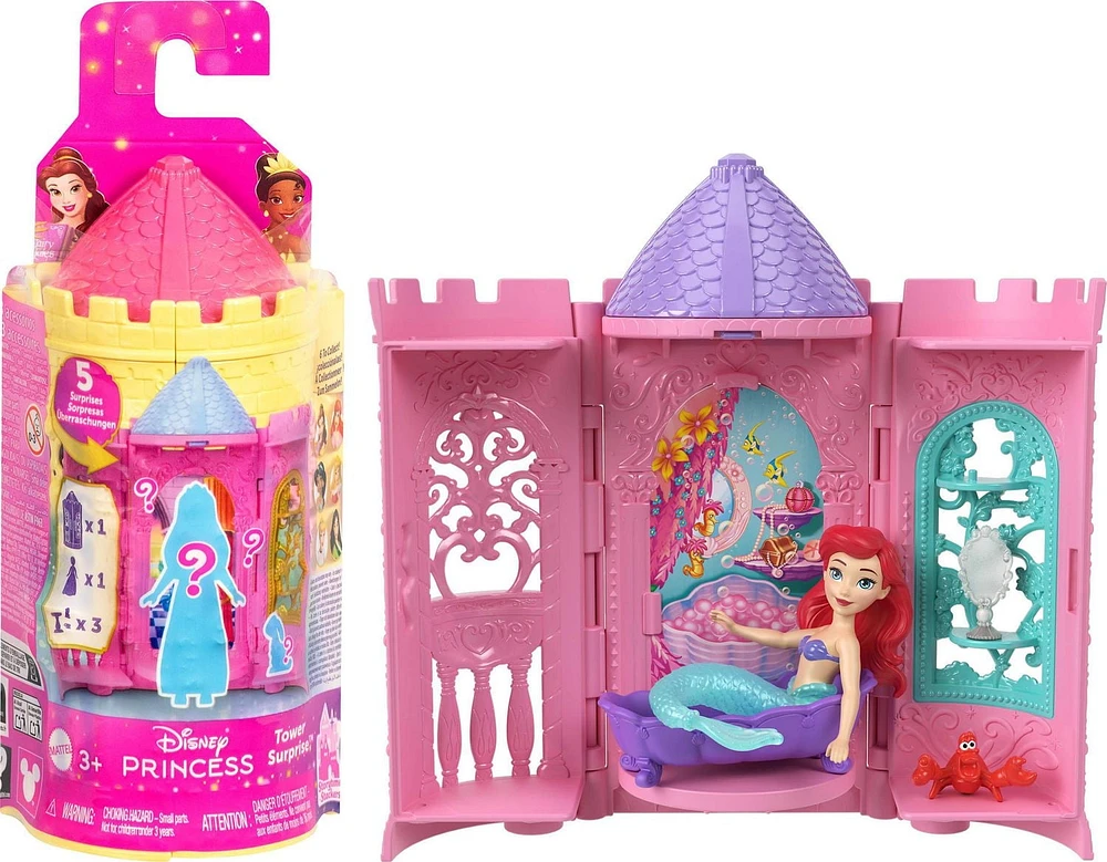 Princesses Disney Tourelle Surprise Petite poupée, 5 surprises
