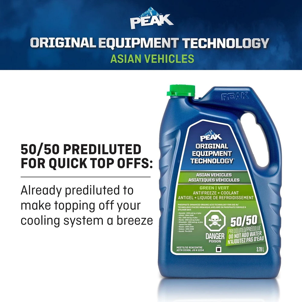 PEAK® OET Extended Life Green 50/50 Pre-Diluted  Antifreeze/Coolant for Asian Vehicles, 3.78 Liters, PEAK OET AFC 50/50 Asian Green