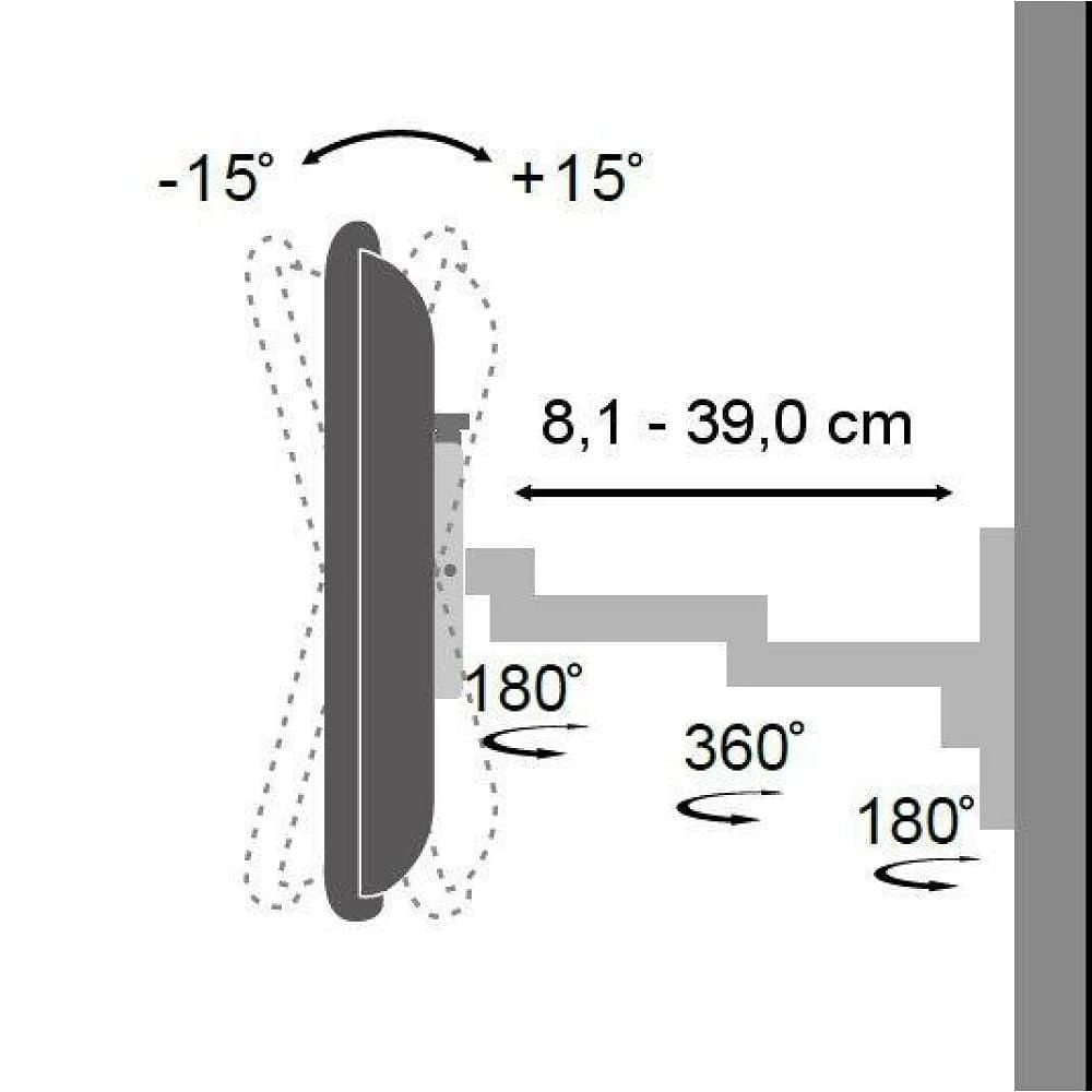 Techly Support mural inclinable/pivotant pour téléviseur LCD/LED de 13" à 30" 3 articulations Inclinaison +/-12° 180° horizontalement VESA jusqu'à 100x100 mm, Noir