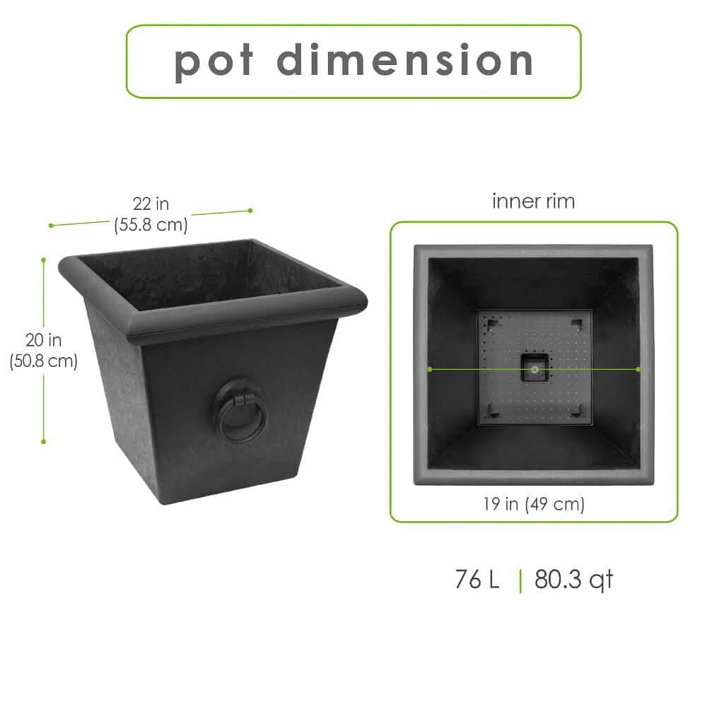 Tierra Verde 23in W x 20in H Piazza Large Square Statement Recycled Materials Self-Watering Indoor/Outdoor Planter Pot, Black