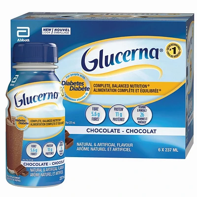 Boisson nutritive Glucerna, Substitut de repas, Alimentation complète et équilibrée pour les personnes diabétiques, Chocolat, 6 x 237 mL Alimentation complète et équilibrée