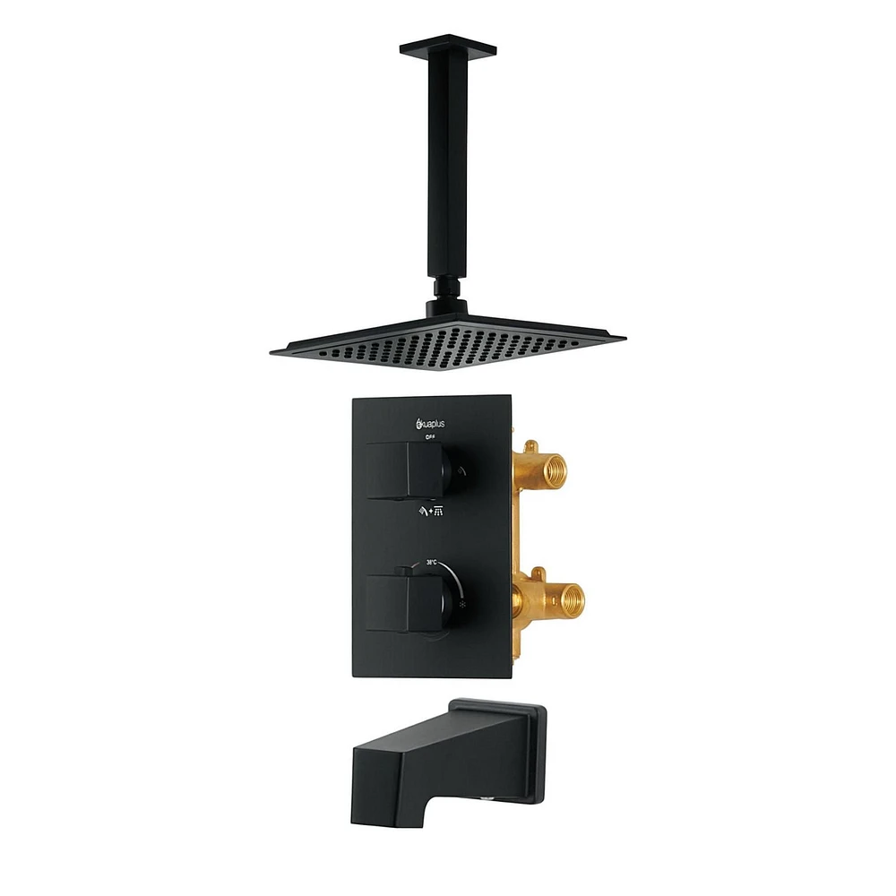 Valve thermostatique carrée 3 fonctions, pommeau, bec de bain ou simultanément, fini noir mat
