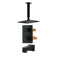 Valve thermostatique carrée 3 fonctions, pommeau, bec de bain ou simultanément, fini noir mat