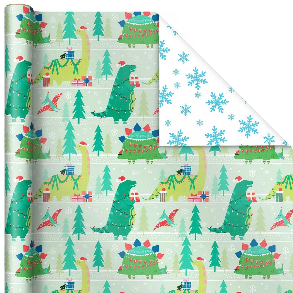 Papier d'emballage Hallmark réversible de Noël pour enfants, motif tendance (3 rouleaux : 120 pieds carrés au total) dinosaures, koalas, ours polaires, pingouins, chameaux, zèbres, rayures