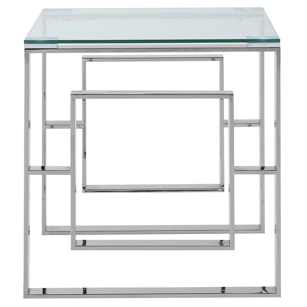 Table d'appoint contemporaine en acier inoxydable et verre – argent