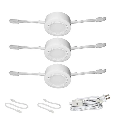 Nadair 3 Pack LED 120V Direct Voltage Puck Light, Surface Mount or Recessed Mount, Daisy Chain, 3000K Warm White, ETL Listed