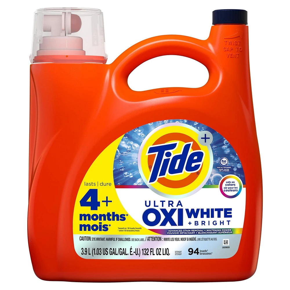 Détergent à lessive liquide Tide Plus Ultra OXI Blanc et éclatant, pouvoir détachant et blanchissant supérieur 3.9L
