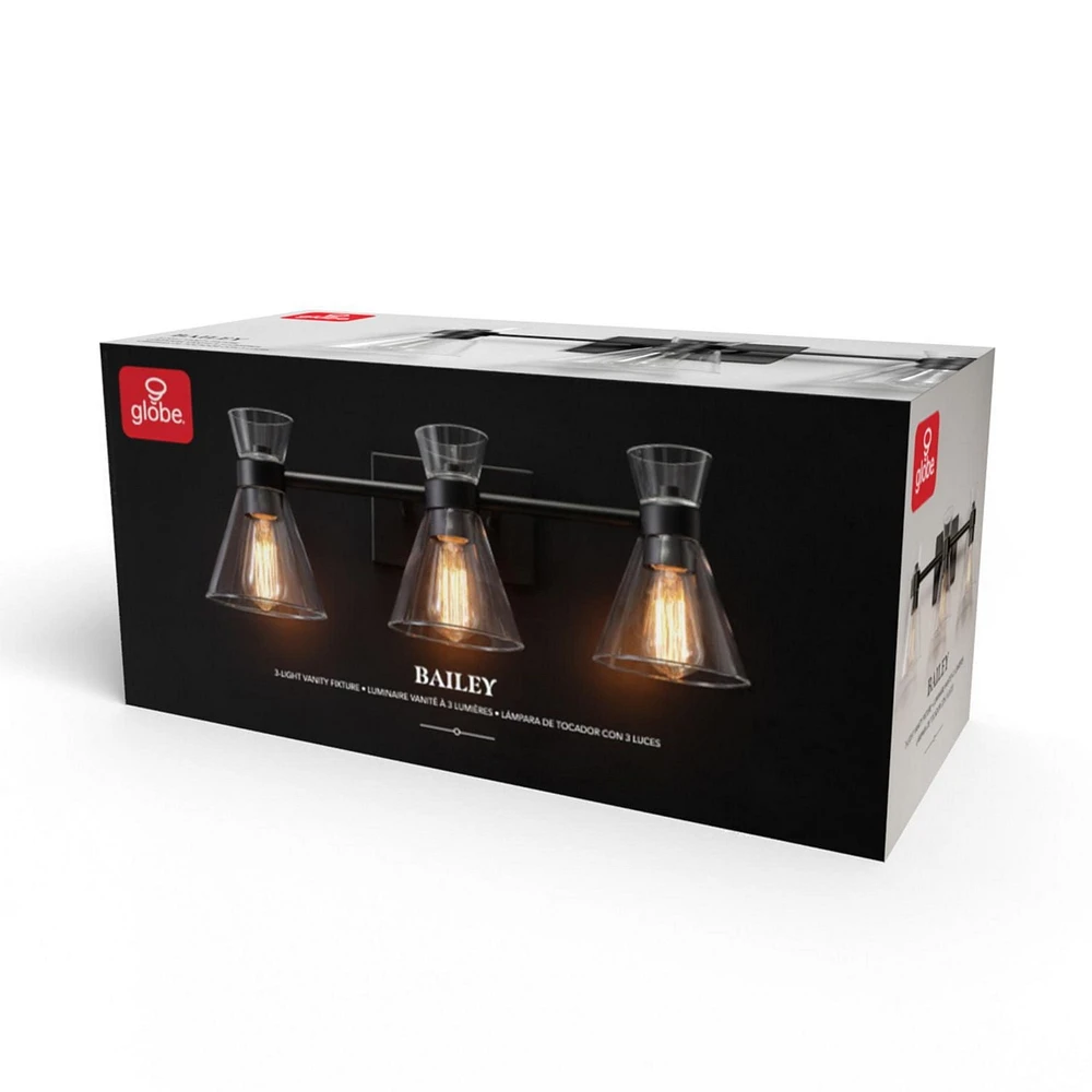 Applique murale à 3 ampoules noir mat avec abat-jours en verre transparent
