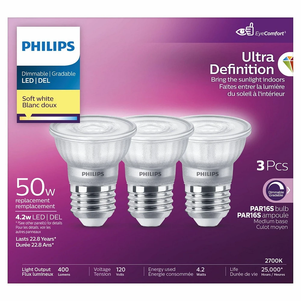 PHILIPS 4.4W 50W PAR16 Medium Base Soft White Ultra High Definition Dimmable LED Light Bulbs - 3 Pack, Philips 50W LED PAR16