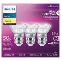 PHILIPS 4.4W 50W PAR16 Medium Base Soft White Ultra High Definition Dimmable LED Light Bulbs - 3 Pack, Philips 50W LED PAR16