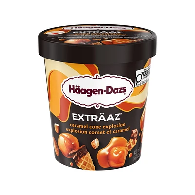 EXTRÄAZ Explosion caramel, crème glacée caramel, amandes pralinées, morceaux de cornet en enrobage chocolaté, produits laitiers canadiens, sans colorants ni arômes artificiels 450 mL