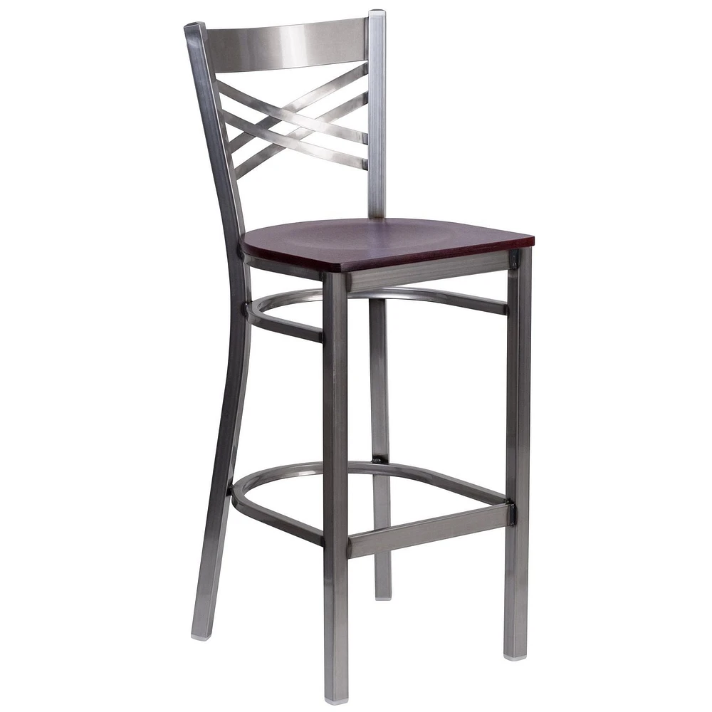 Lot de 2 pièces - Tabouret de bar en métal à dossier en «X» enduit lustré - siège en bois d'acajou