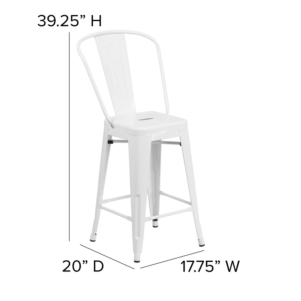 Tabouret à la hauteur de comptoir en métal blanc de 24 pouces de hauteur pour l'intérieur et l'extérieur avec dossier