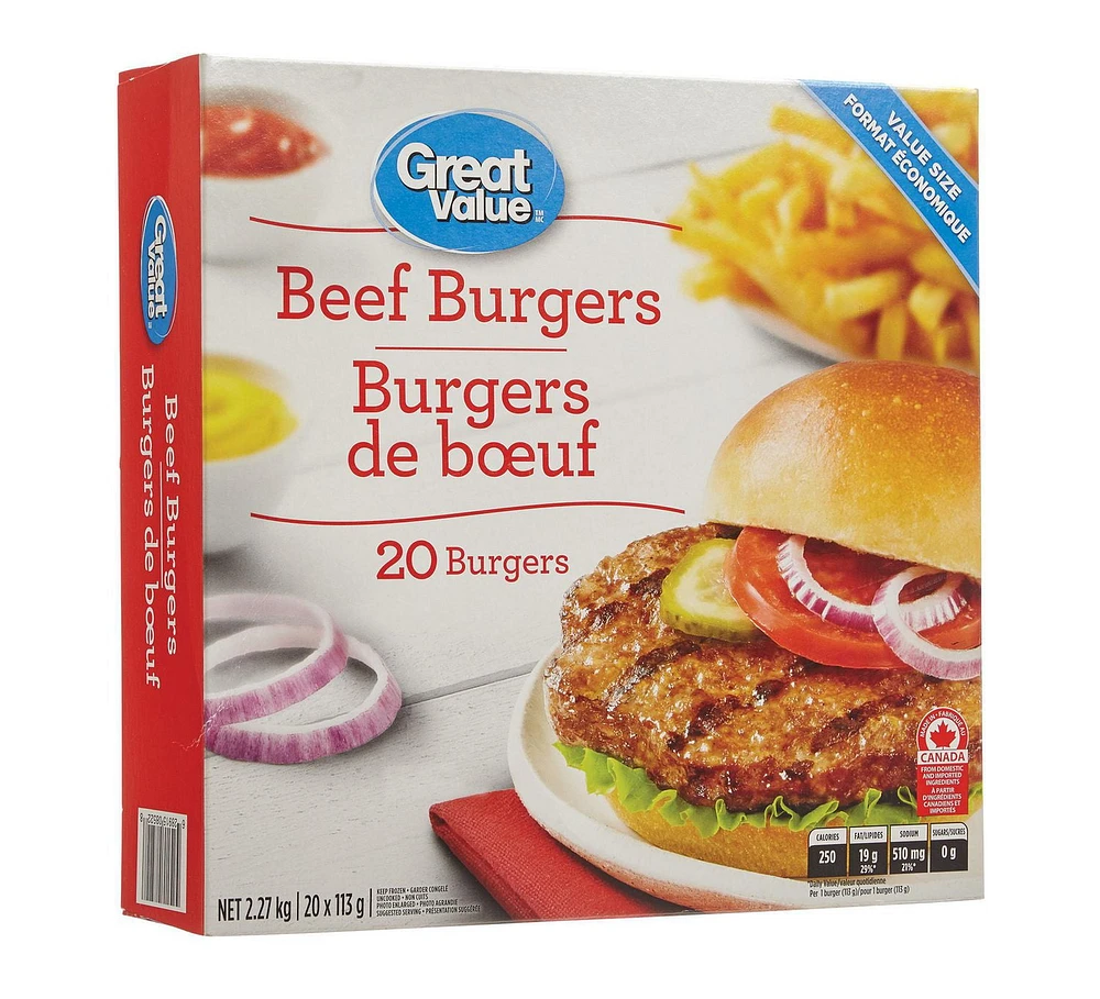 Great Value Frozen Beef Value Pack Burgers, 20x113g, 2.27KG