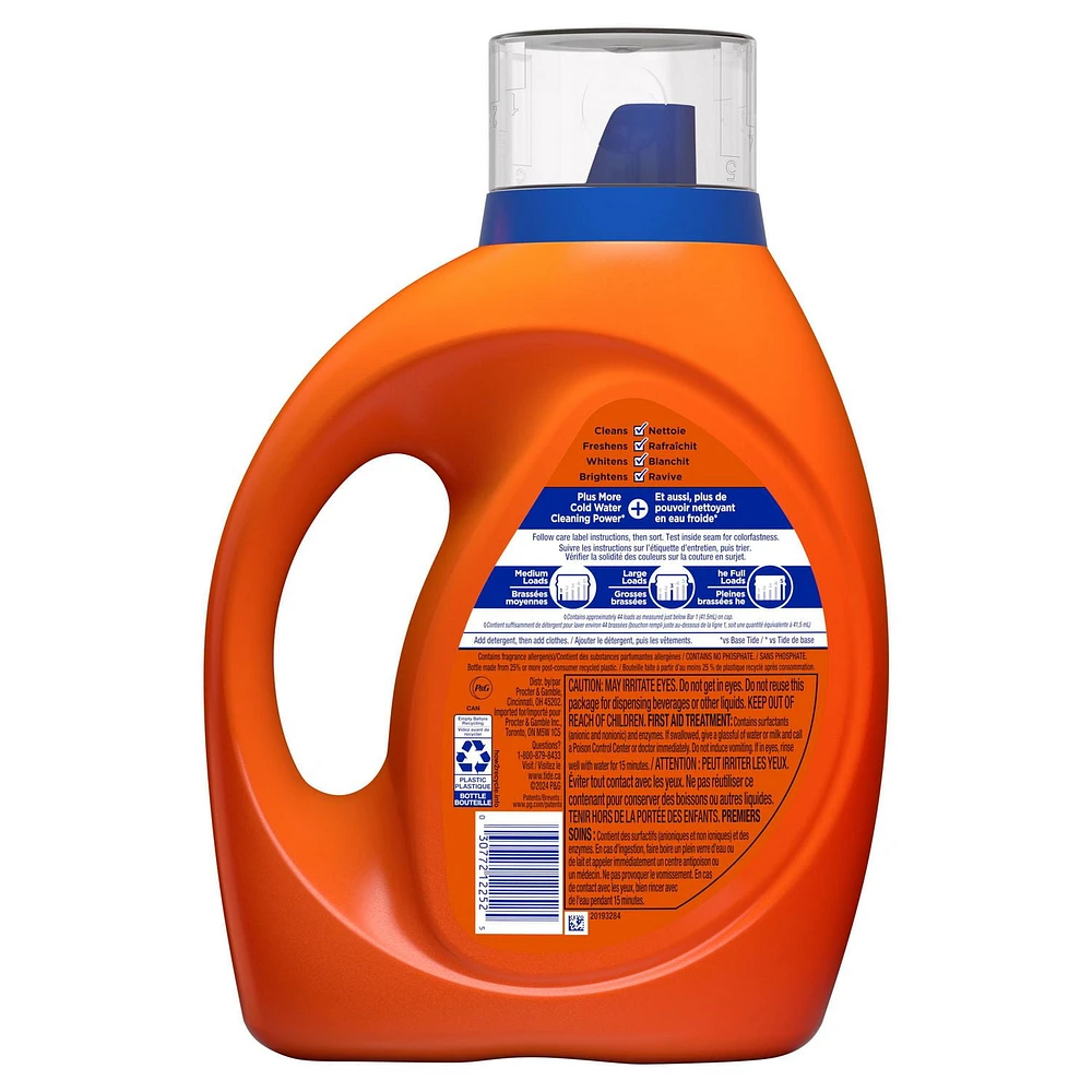 Détergent à lessive liquide Tide HE Turbo Clean en eau froide, parfum clean and fresh, 44 brassées, 1,8 L (63 oz liq.)