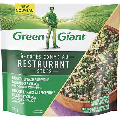 GREEN GIANT RESTAURANT SIDES BROCCOLI SPINACH FLORENTINE, HEARTY, PREMIUM VEGETABLES WITH SAVOURY TASTES. READY TO SAUTÉ IN SKILLET TO PROVIDE RESTAURANT-LIKE EXPERIENCE RIGHT AT HOME. MOUTHWATERINGLY DELICIOUS FLAVOURS, PERFECT AS A SIDE DISH TO ANY MEAL.