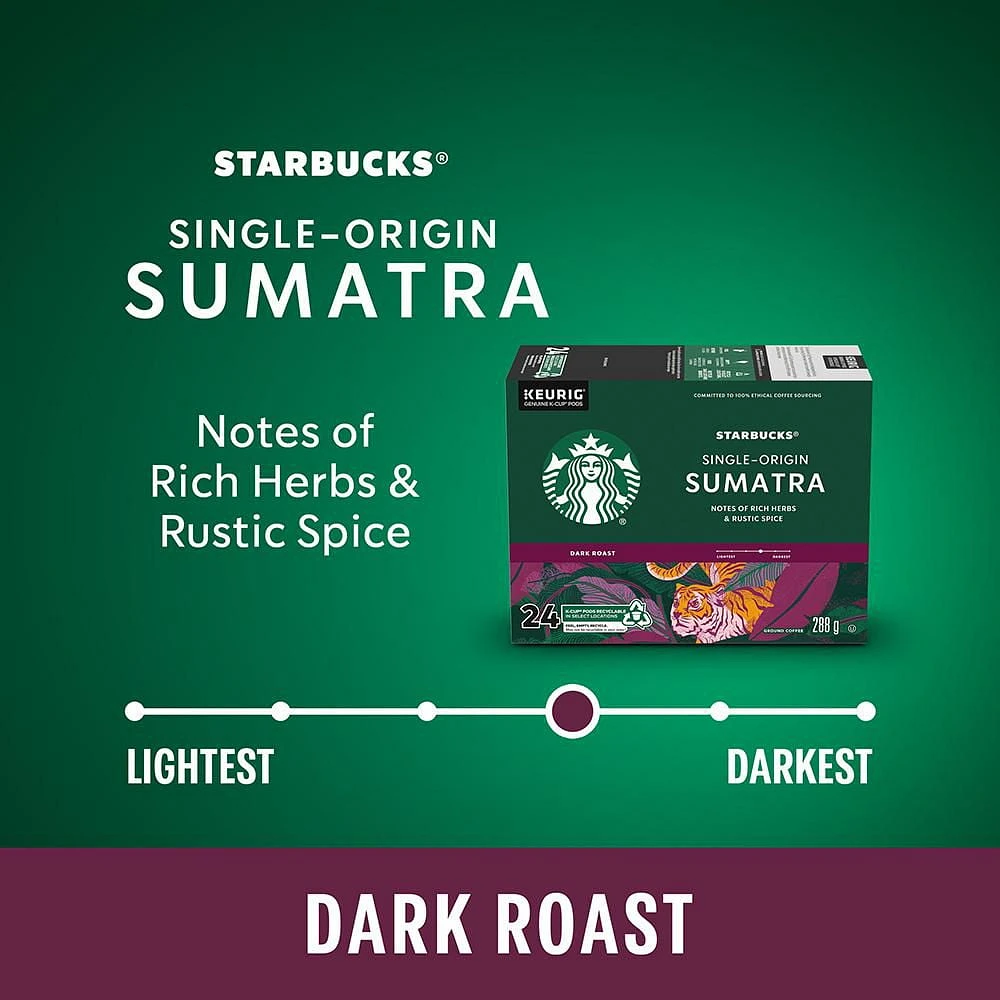 Starbucks® Sumatra Single-Origin Dark Roast Ground Coffee K-Cup® Pods 24 ct Box, 24 EA