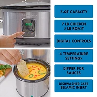 Kenmore 7-Qt Programmable Slow Cooker with Dipper (6.6L), Black & Silver, Easy to Use for Family Meals