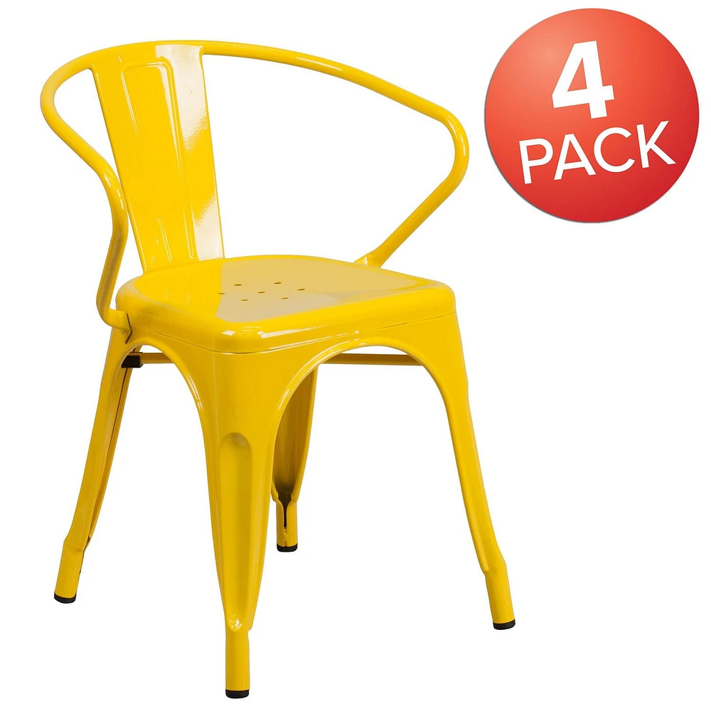 Commercial Grade 4 Pack Yellow Metal Indoor-Outdoor Chair with Arms