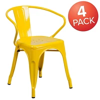 Commercial Grade 4 Pack Yellow Metal Indoor-Outdoor Chair with Arms