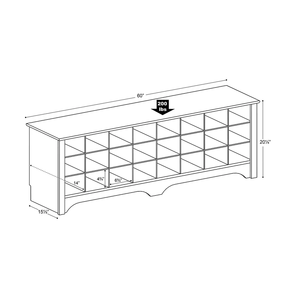 Prepac 60 in W x 20.25 in H x 15.5 in D Shoe Cubby Bench, Multiple Finishes