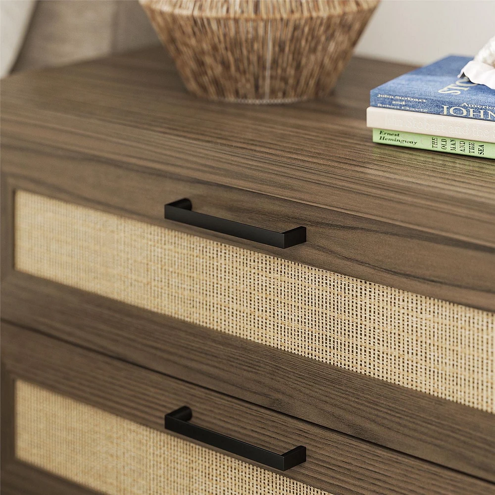 Ameriwood Home Lennon 2 Drawer Nightstand, Medium Brown and Faux Rattan