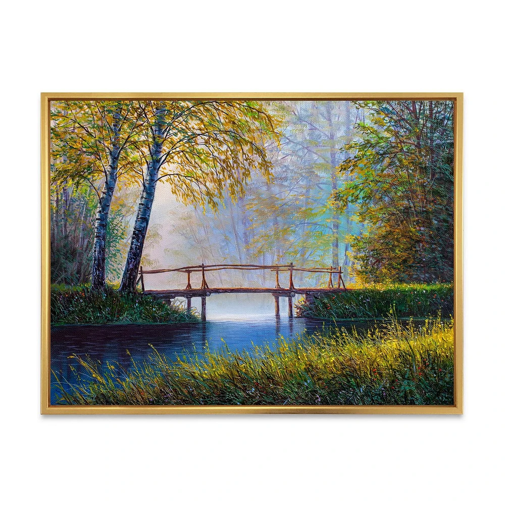 Designart La lumière du soleil du matin et la forêt printanière de l'éveil ART MURAL À CADRE FLOTTÉ