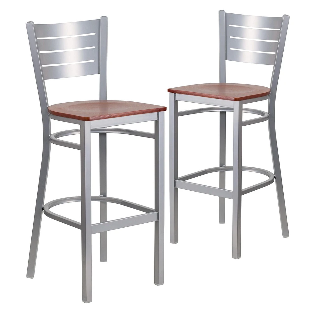 Lot de 2 pièces - Tabouret de bar de la série HERCULES en métal argenté avec dossier à lattes - siège en bois de cerisier