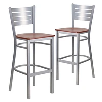 Lot de 2 pièces - Tabouret de bar de la série HERCULES en métal argenté avec dossier à lattes - siège en bois de cerisier