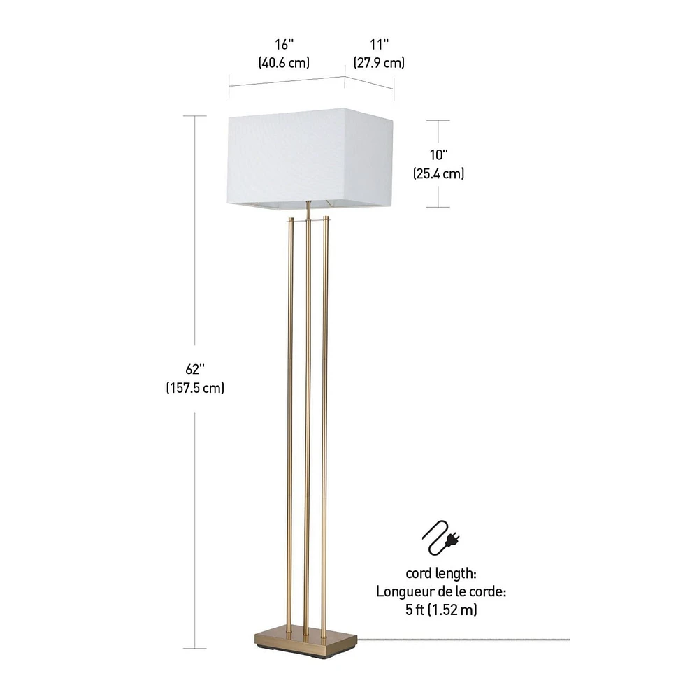 Lampe sur pied en métal de 62 pouces de la collection Soho par Novogratz x Globe Electric, laiton mat, abat-jour en lin blanc, 67775