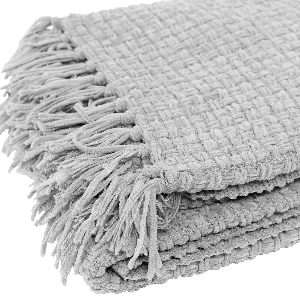 Jeté en tricot natté en chenille avec frange, couverture légère et respirante en chenille pour canapé, chaise, lit, usage extérieur