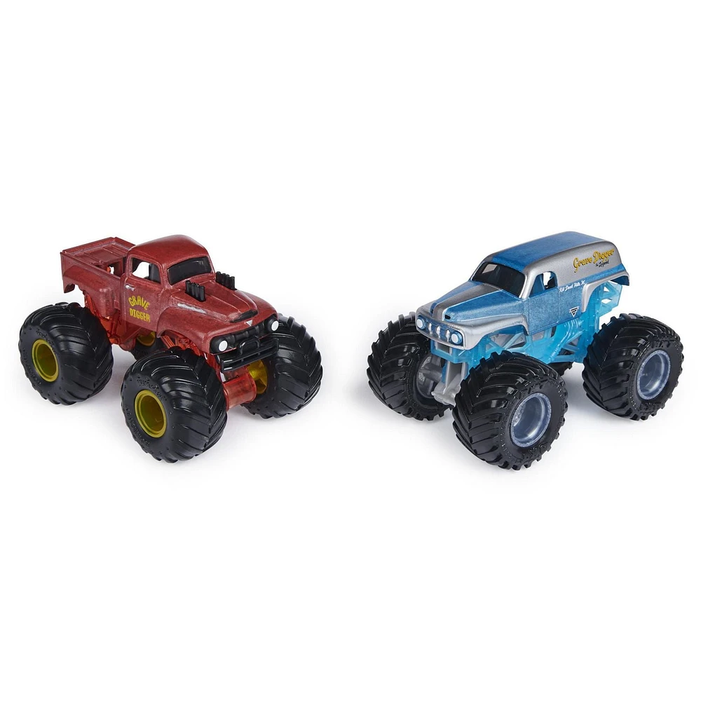 Monster Jam, Monster trucks Grave Digger vs Grave Digger (1982 Retro) officiels qui changent de couleur en métal moulé, échelle 1:64