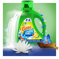 Détergent à lessive liquide Gain Ultra Oxi, parfum Cascade vivifiante, 2 en 1, compatible avec les laveuses HE 2,6 L